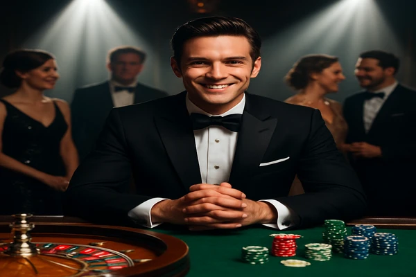 নিয়ন আলোয় সজ্জিত আধুনিক ক্যাসিনো পরিবেশে শোভাময় উপস্থাপনা