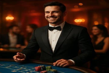 স্বর্ণালী মুদ্রা ও রুলেটের প্রাণবন্ত ক্যাসিনো দৃশ্য