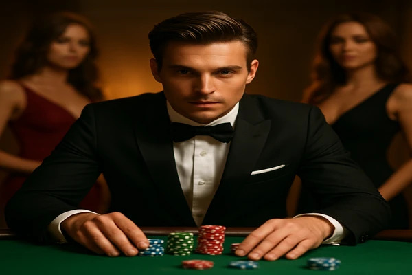 একজন নারী ল্যাপটপে অনলাইন খেলা উপভোগ করছেন, চারপাশে আলোকিত ক্যাসিনো পরিবেশ ছড়িয়ে পড়েছে