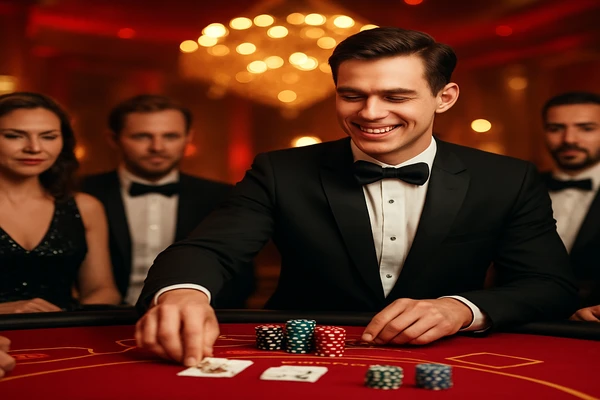 আলোর ঝলমলে গেমিং পরিবেশে একজন আত্মবিশ্বাসী ডিলার ব্যবহারকারীদের 777d অ্যাকাউন্টে নিরাপদে প্রবেশের আহ্বান জানাচ্ছেন।